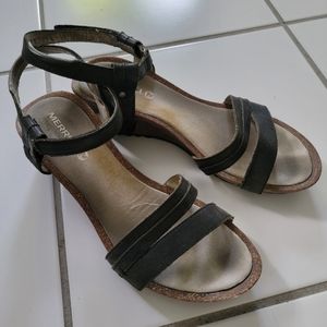 Merrell black leather strappy wedges, 8.5